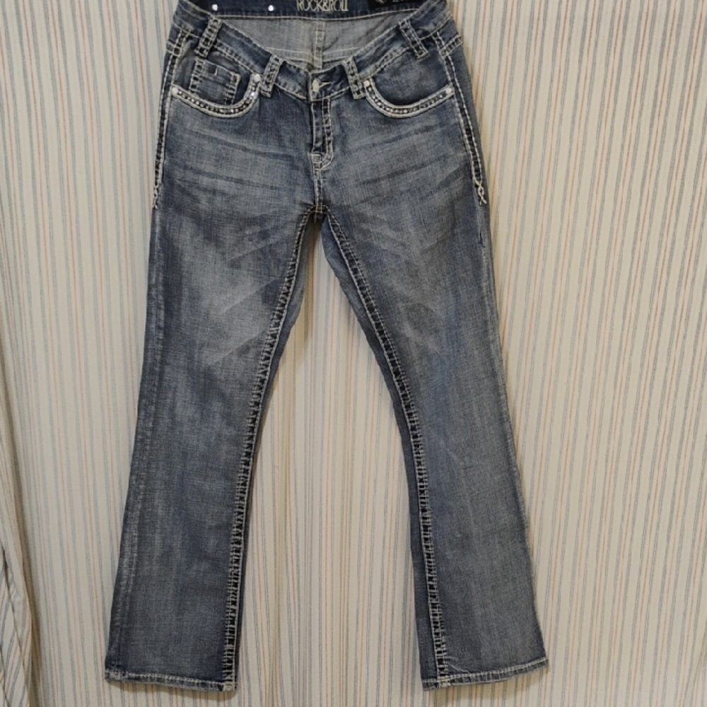 Rock & Roll Cowgirl Rival Low Rise Blue Boot Cut Jeans With Fading 31X34